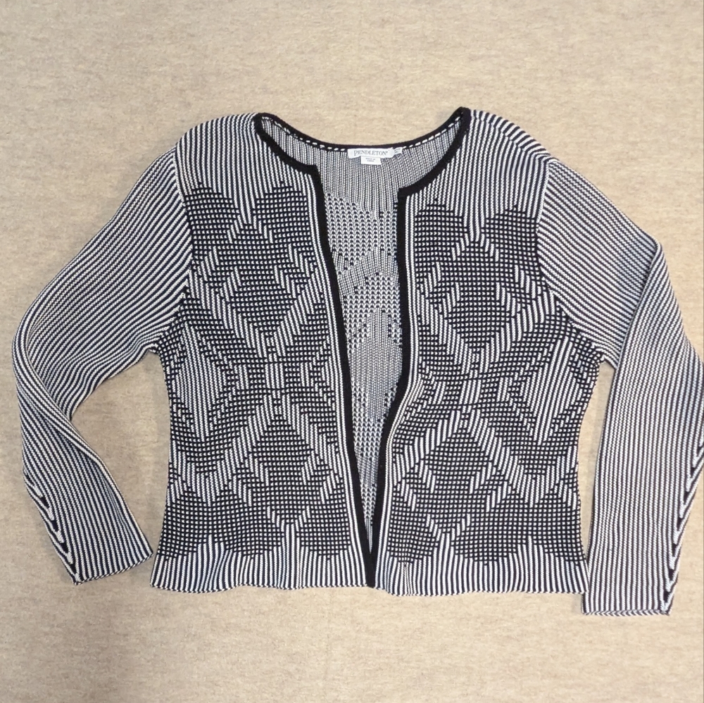 Pendleton Cotton Black & White Patterned Women's Knit Open Cardigan Size P XL